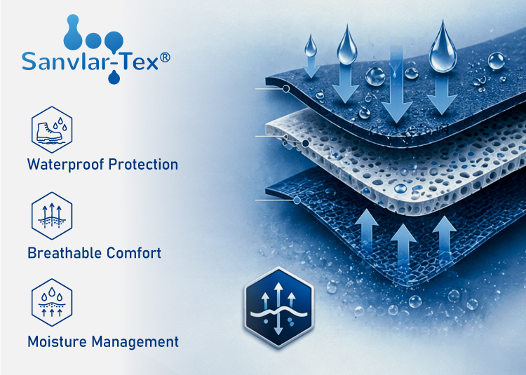 Водонепроницаемая мембранная технология Sanvlar-Tex™ для воздухопроницаемой защиты защитной обуви.